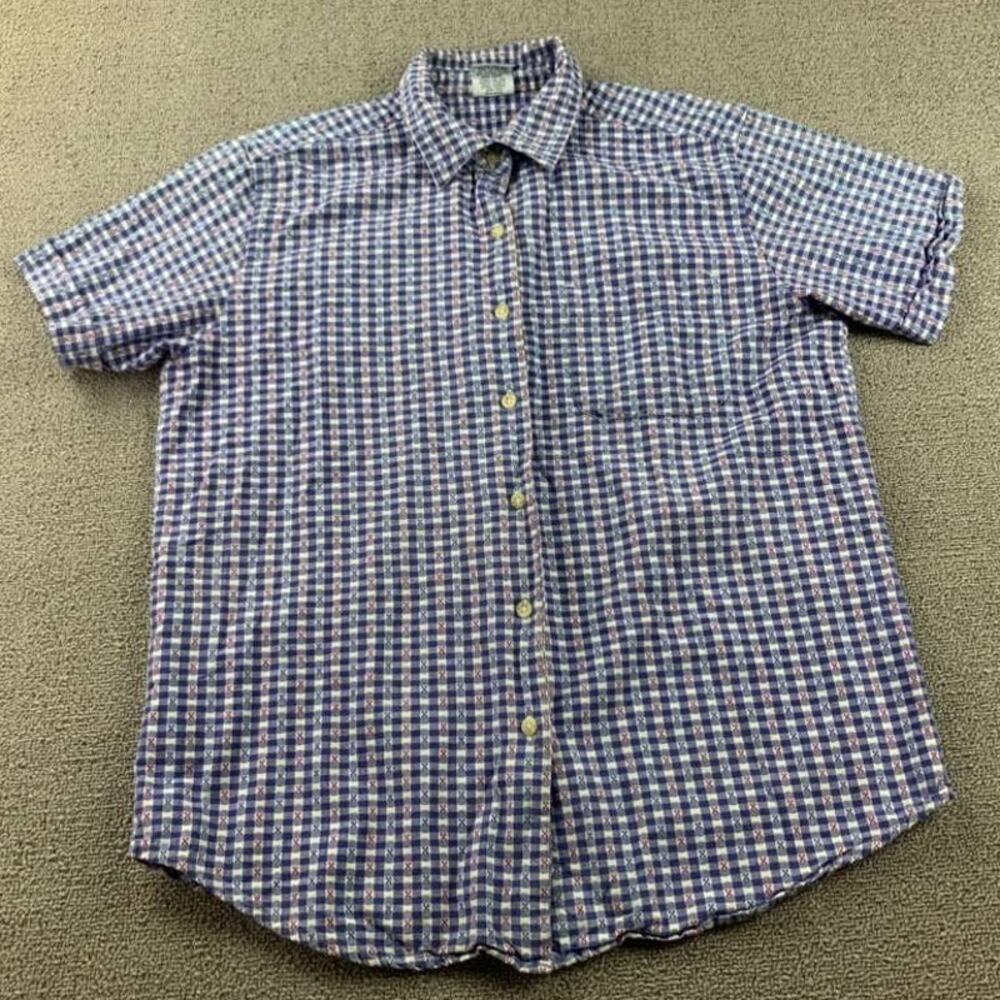 Vintage Cascade Blues Shirt M Blue White Gingham Red X Short Sleeve Button‎ Down